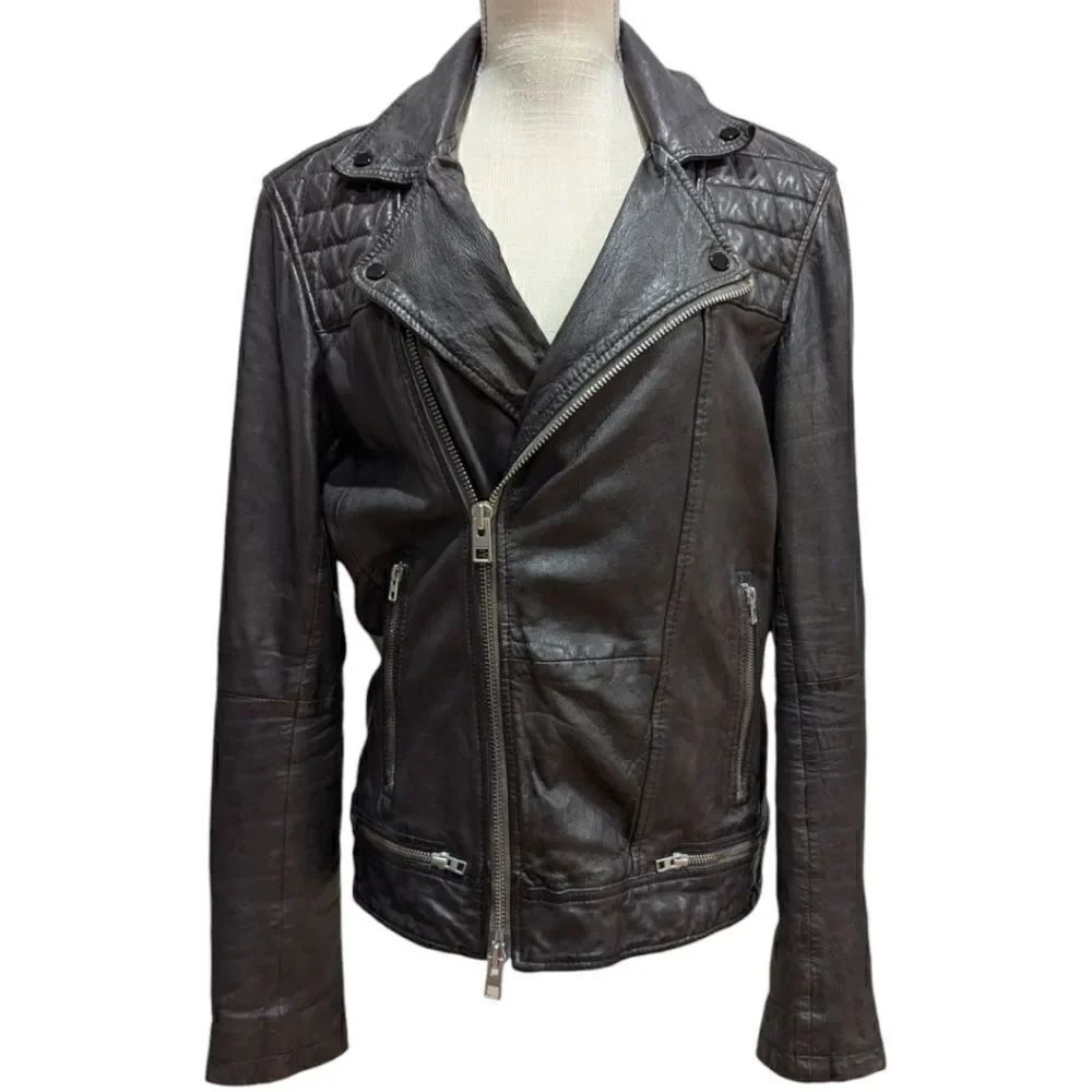 RARE Allsaints Conroy Oxblood Brown Leather Biker Moto Jacket Mens M ML015C
